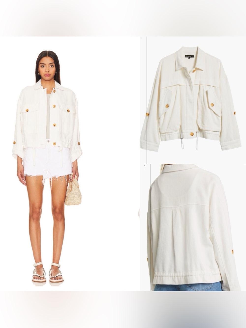 BlankNYC‎ Cotton & Linen Utility Jacket With Pockets, white & Brown Button SMALL